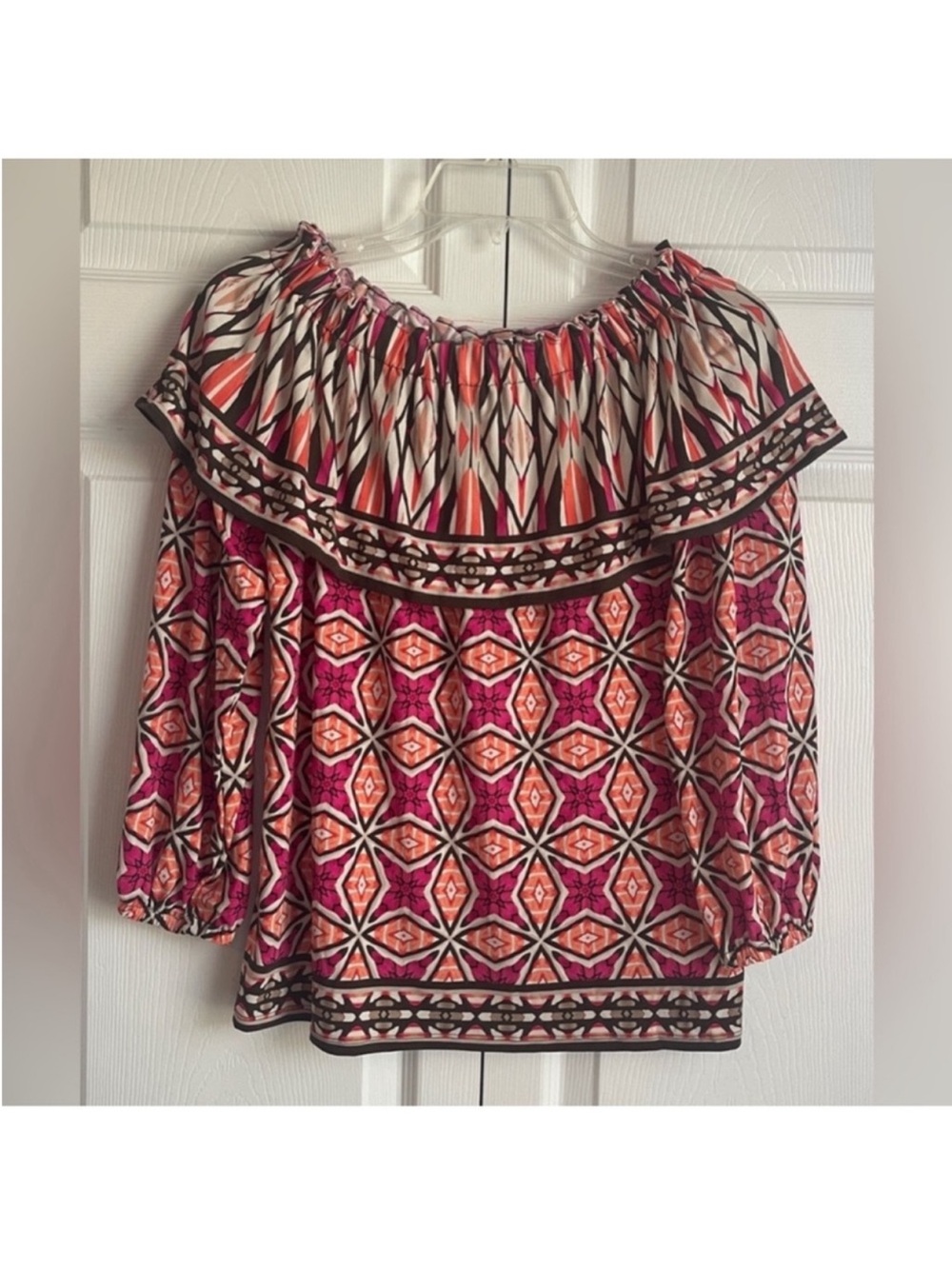 Chico’s Ethnic Tempo Off The Shoulder Multicolor Tribal Print Top Size 1 (8) NWT